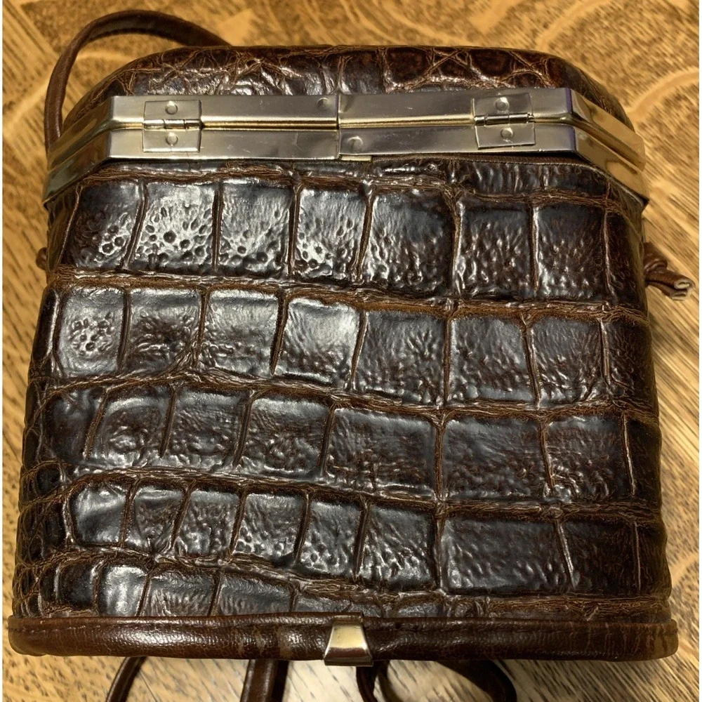 Vintage Made in Italy Exotic‎ Leather Frame Purse Brown Kiss Lock Handbag